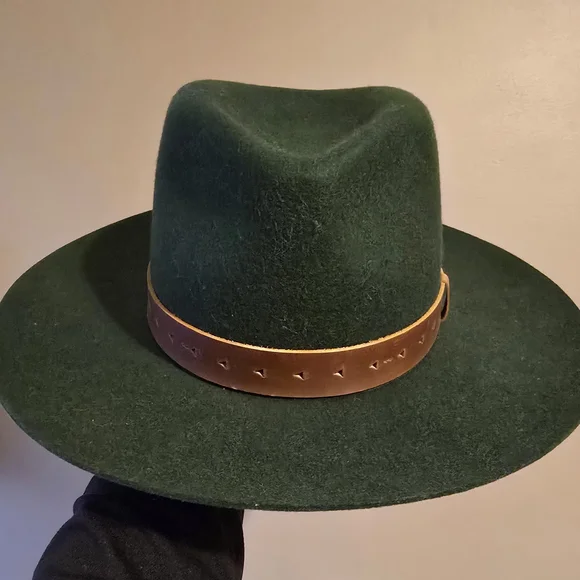 WYETH Hunter Green Wide-Brim Fedora Hat with Brown Leather Band - Picture 2 of 5